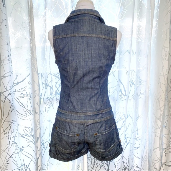 Vintage Frankie B. Blue jean Denim collared button up sleeveless romper Jumpsuit - Picture 2 of 12